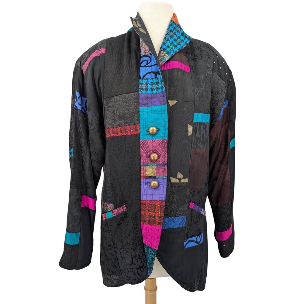 Vintage Donna Jessica Patchwork Jacket Size 1 Black Colorblock Art Wear Blazer
